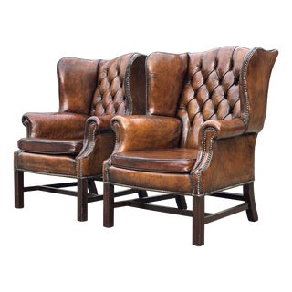 Antique Wing Back Chairs in Brown Leather, 1890, Set of 2 For Sale