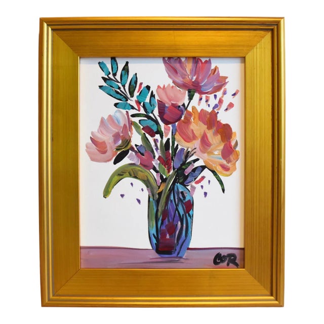 Impressionist Bouquet, of Flowers in Vase Oil Painting W/ Antiqued Gold Wood Frame For Sale