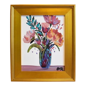 Impressionist Bouquet, of Flowers in Vase Oil Painting W/ Antiqued Gold Wood Frame