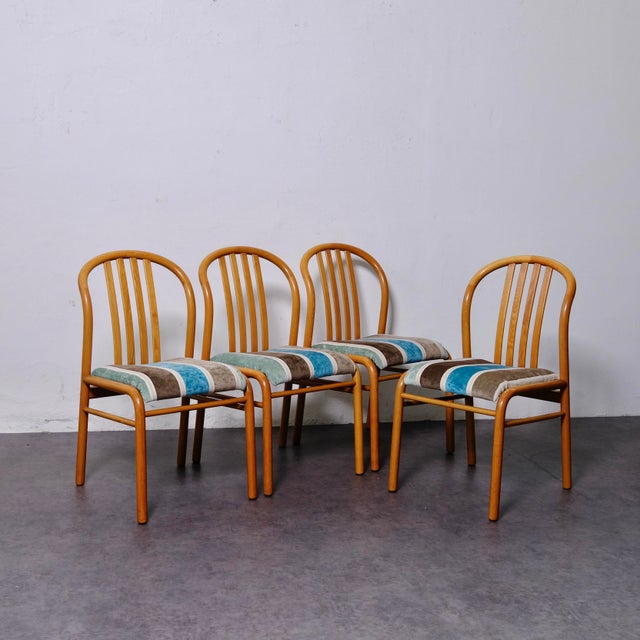 Blue Vintage Wooden and Fabric Chairs, 1970s, Set of 4 For Sale - Image 8 of 17