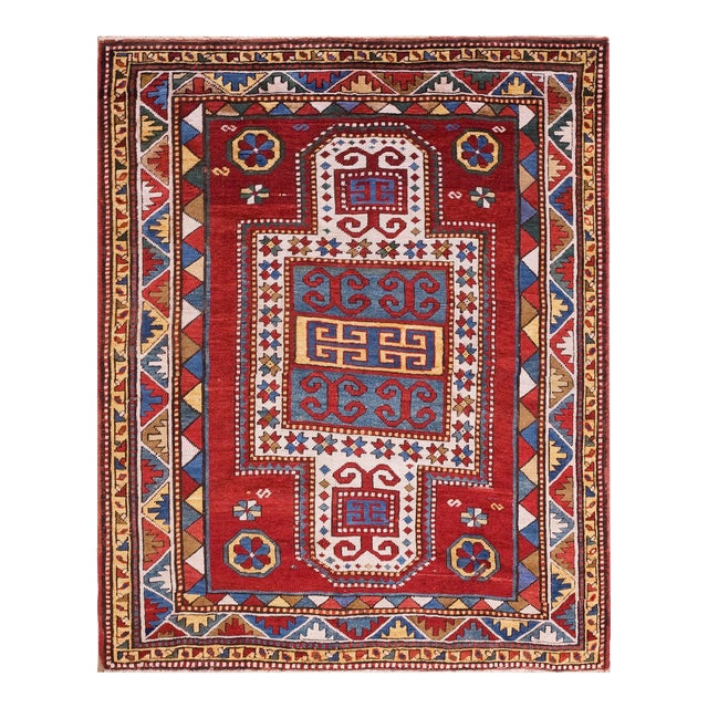 1930s Ruby Red Abstract Tribal Antique Caucasian Kazak Rug 4'4" X 5'3" Knotted Wool Carpet For Sale