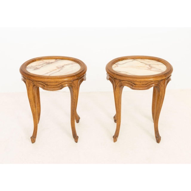 Pair of French Provincial Style Pink Alabaster Top Low Tables, each with oval top above cabriole legs. 17.5" H x 14.75" W...