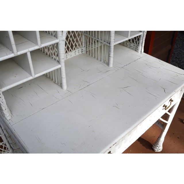 Vintage White Wicker Writing Desk W/ Drawer / Side Basket & Cubbies / Shelves For Sale - Image 10 of 18