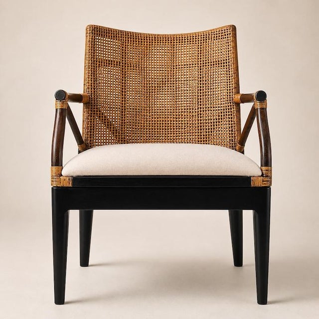 Rattan Arm Chair, Solid Mahogany Frame, Woven Backrest, Cotton Cushion, Tropical Accent Chair For Sale - Image 11 of 12