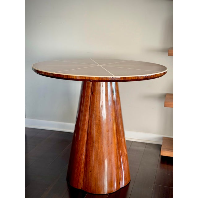 Made Goods Novak Entryway Table in Teak Gloss and Faux Bone Inlay Mid-Century Style Round Pedestal Entry Table For Sale In Los Angeles - Image 6 of 12