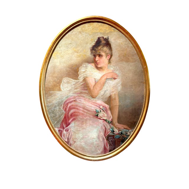 Vittorio Matteo Corcos (Italian, 1859-1933).An impressive large-scale oval oil painting laid on canvas depicting a refined...