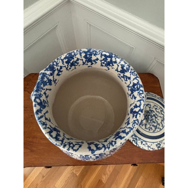 Folk Art Antique Spongeware Very Large Blue & White Covered Vessel/Crock and Bowl For Sale - Image 3 of 10