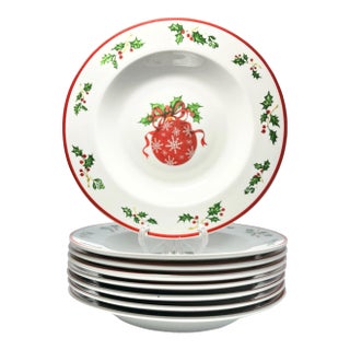 Christopher Radko “Holiday Celebrations, Red Trim” 8 Porcelain Rim Soup Bowls For Sale