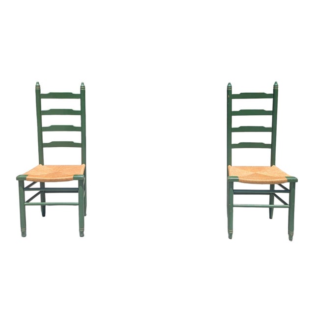 Vintage Rustic Farmhouse Green Ladderback Chairs With Rush Seats- A Pair For Sale - Image 4 of 15