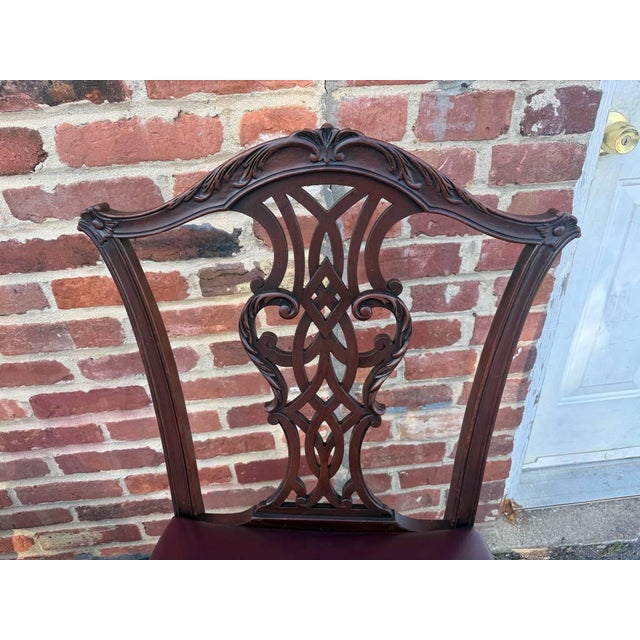 Wood Antique Chippendale Style Mahogany Leather Seat Dining Side Chairs For Sale - Image 7 of 17