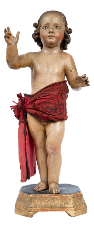 Antique 18th Century Neapolitan Blessing Child Sculpture in Polychrome Wood