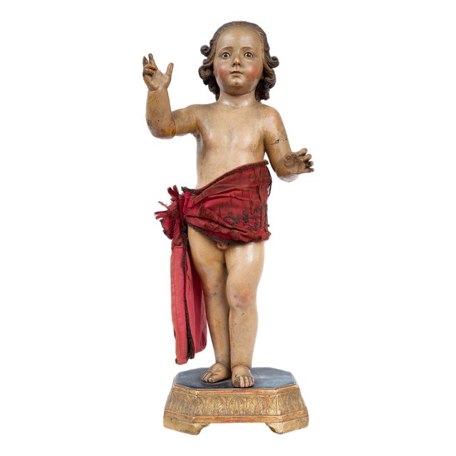 Antique 18th Century Neapolitan Polychrome Wooden Sculpture of the Blessing Child For Sale