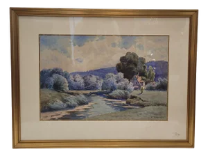 French Artist, Landscape in Blue, 1980s, Watercolor