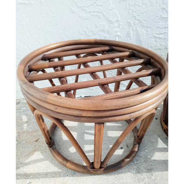 Mid-Century Modern Vintage Rattan Franco Albini Style Mid-Century Low Round Foot Stools- A Pair For Sale - Image 3 of 7