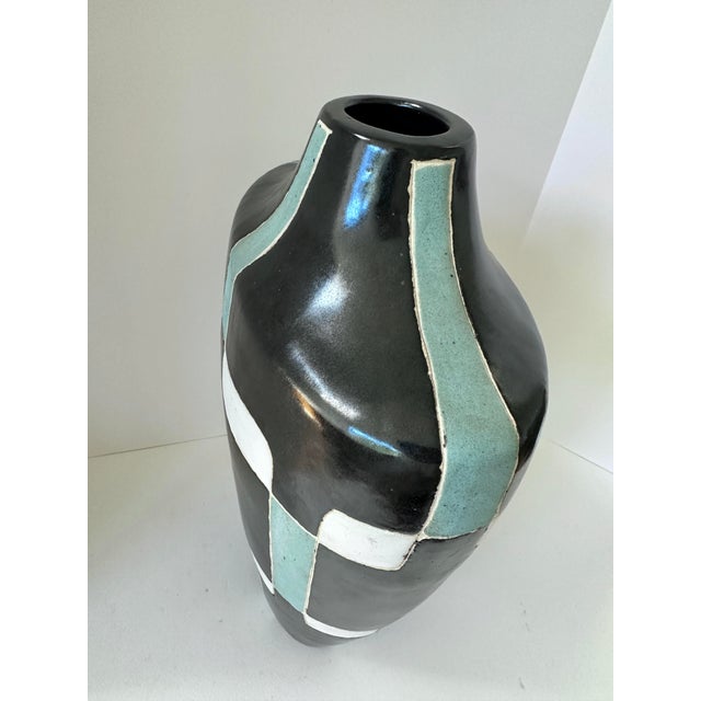 Large Signed Architectural Studio Pottery Vessel in Black, White & Celadon, Handmade Ceramic Vase For Sale In San Francisco - Image 6 of 11