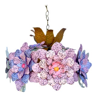 Vintage Mid-Century Metal Enamel Tole Flower Power Chandelier For Sale