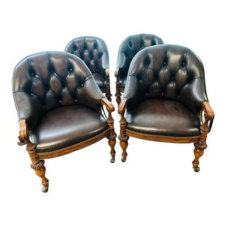 1990s Thomasville Chesterfield Style Leather Arm Chairs With Castors - Set of 4 For Sale