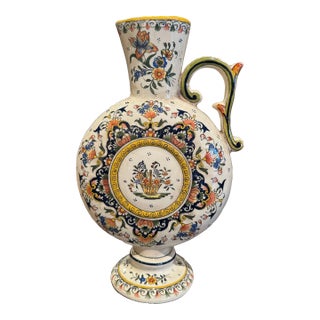 Mid-Century French Hand-Painted Rouen Faience Ewer From Normandy For Sale