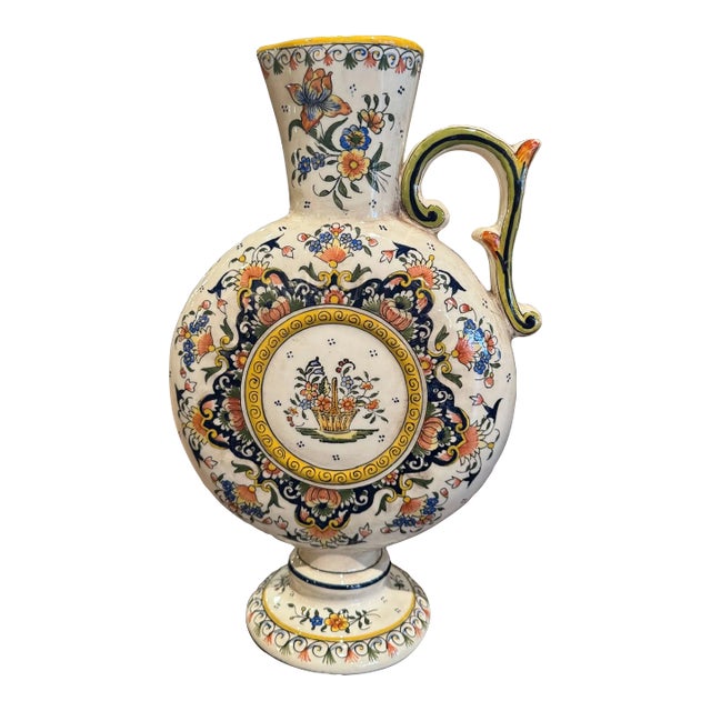 Mid-Century French Hand-Painted Rouen Faience Ewer From Normandy For Sale
