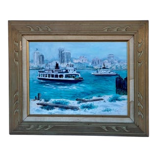 Mid-Century San Diego Waterfront Oil Painting of Coronado Ferryboat, Signed & Framed For Sale