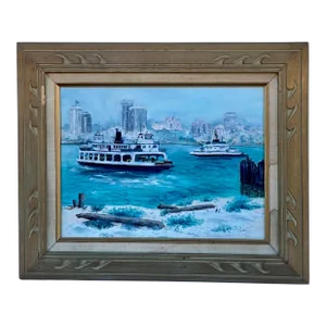 Mid-Century San Diego Waterfront Oil Painting of Coronado Ferryboat, Signed & Framed