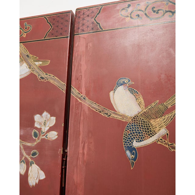 Chinese Export Four Panel Red Lacquered Chinoiserie Gilt Screen For Sale - Image 14 of 18