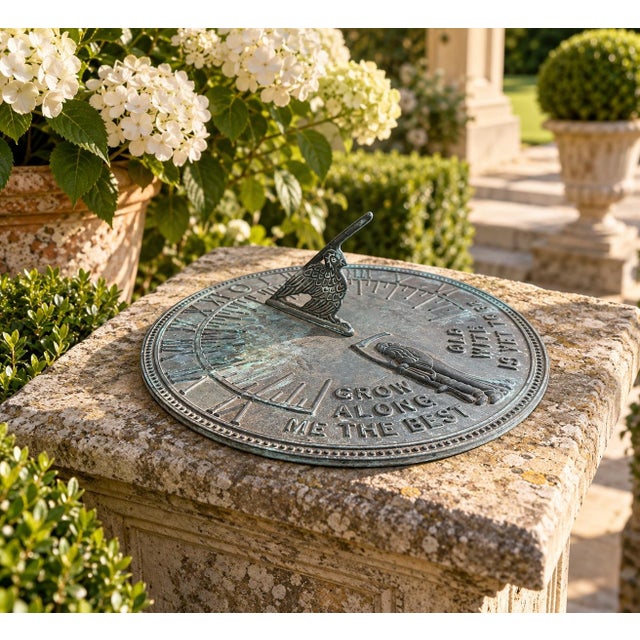 A classic vintage iron verdigris garden sundial inspired by traditional English estate landscapes, reading "Grow old along...