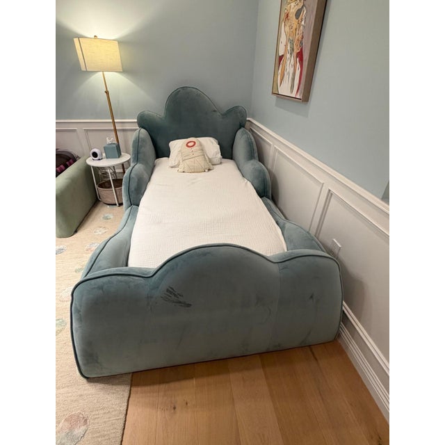 Elora Arched Upholstered Twin Bed with matching Twin Trundle in Eucalyptus Performance Velvet. Excellent condition....