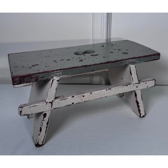 Vintage Scandinavian Folk Art Painted Solid Wood Low Stool, Dove Gray & Off White For Sale - Image 4 of 12