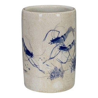 Chinese Blue & White Crackle Glaze Porcelain Brush Pot With Shrimp Motif For Sale