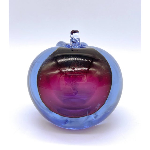 Glass Barbini Style 20th Century Italian Murano Somerso Blue, Red & Purple Apple Paperweight For Sale - Image 7 of 8