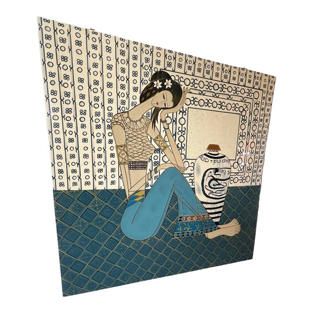 Vintage 1980s Postmodern Ting Shao Kuang Style Chinese Modern Large Wall Art Painting 36 X 36 For Sale