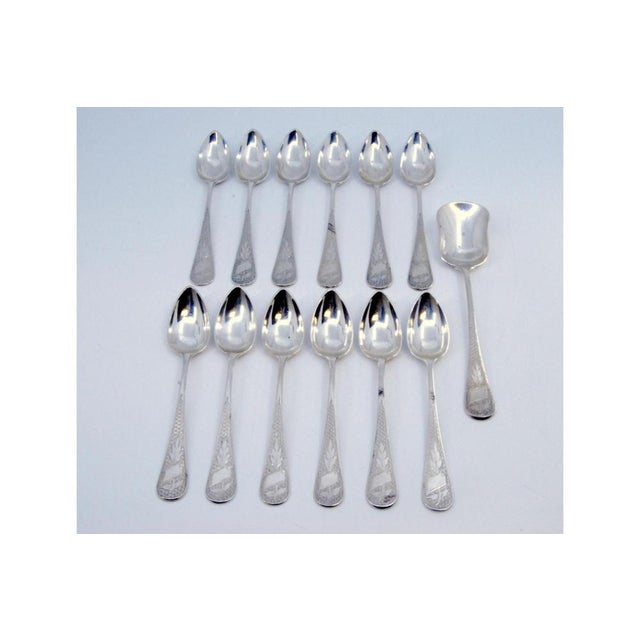 Coffee Spoons and Sugar Shovel in Guilloche Silver with Monogram Cards, Set of 12, in Very Good conditions. Designed 1890...