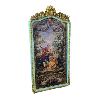 French Romantic Wall Art – Green & Gold Leaf Frame With Musical Couple Scene For Sale