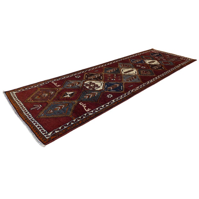Tribal Vintage Hand-Knotted Hamadan Long Runner Rug With Inscriptions & Tribal Geometric Diamonds For Sale - Image 3 of 9