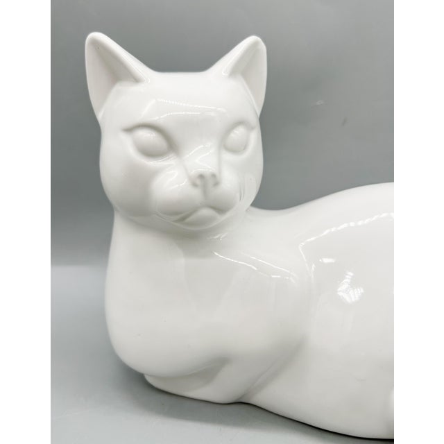 Ceramic Vintage Dutch Glossy White Ceramic Cat Sculpture — Reclining Feline — Scandinavian Modern / Cottagecore For Sale - Image 7 of 10