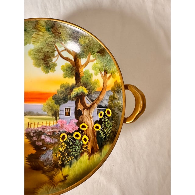 Light Yellow Antique Hand-Painted Nippon Scenic Handled Bowl, Green Wreath Mark, 9.75″ For Sale - Image 8 of 11