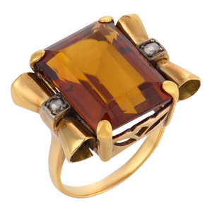 Mid 20th Century Retro 13.80 Carat Citrine Diamond 18k Yellow Gold Cocktail Ring, Size 8