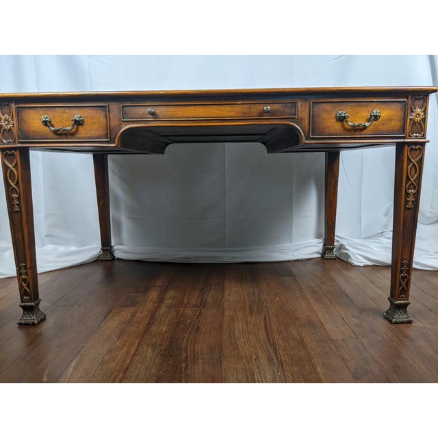 Late 20th Century Theodore Alexander Regency Style Mahogany & Leather Writing Desk With Carved Ribbon Motif Legs For Sale - Image 9 of 18