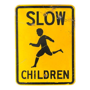 Vintage Yellow & Black Metal “Slow Children” Road Sign – 24”