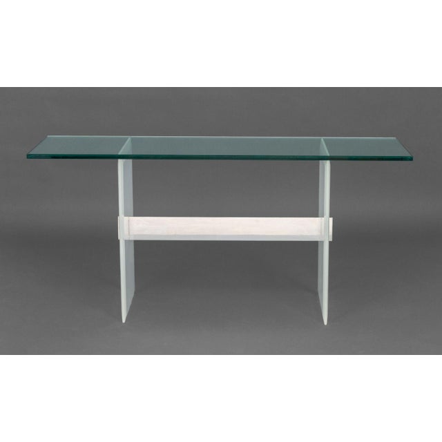 Modern Glass Top Lucite and Steel Console Table. 28.25" H x 60" W x 18" D. Provenance: From a New York City Collection.