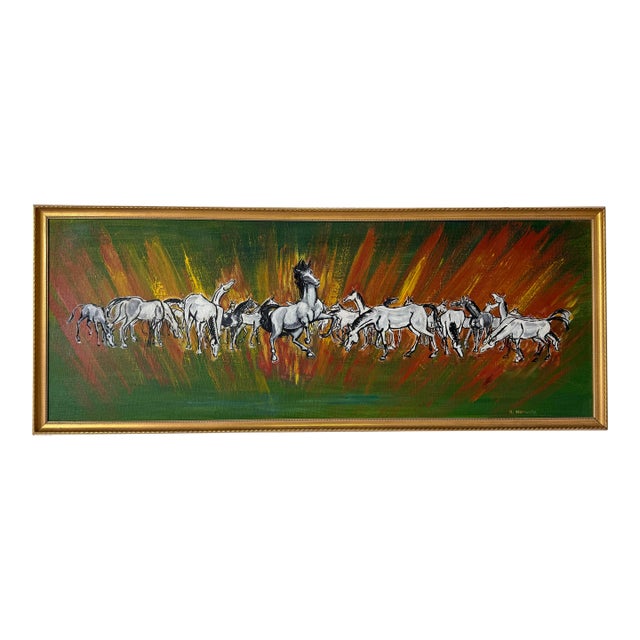 1960’s Vintage Horses Landscape Oil on Canvas Painting by R. Horwitz For Sale