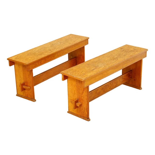 Pair of Vintage Solid Pine Craftsman Benches For Sale