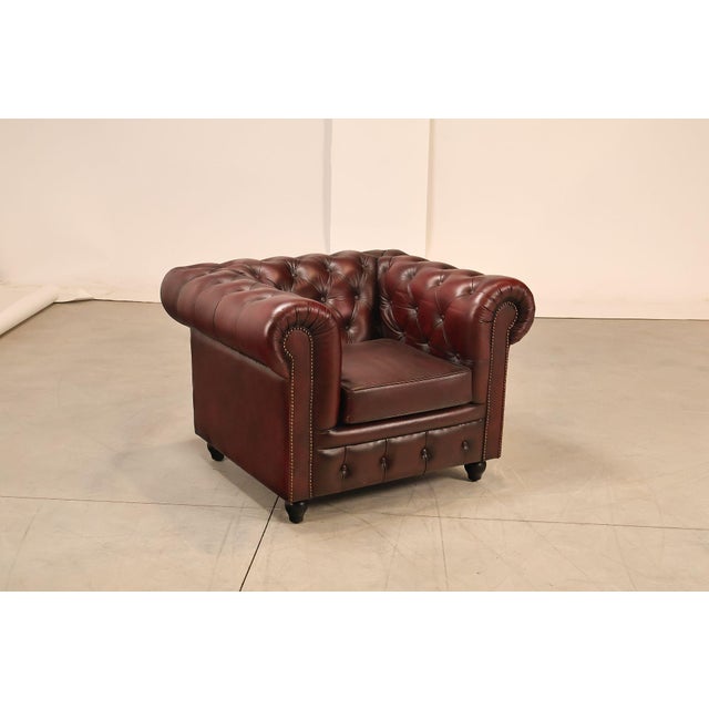 English Chesterfield Style Pair of Oxford Red Leather Club Chairs For Sale - Image 3 of 18