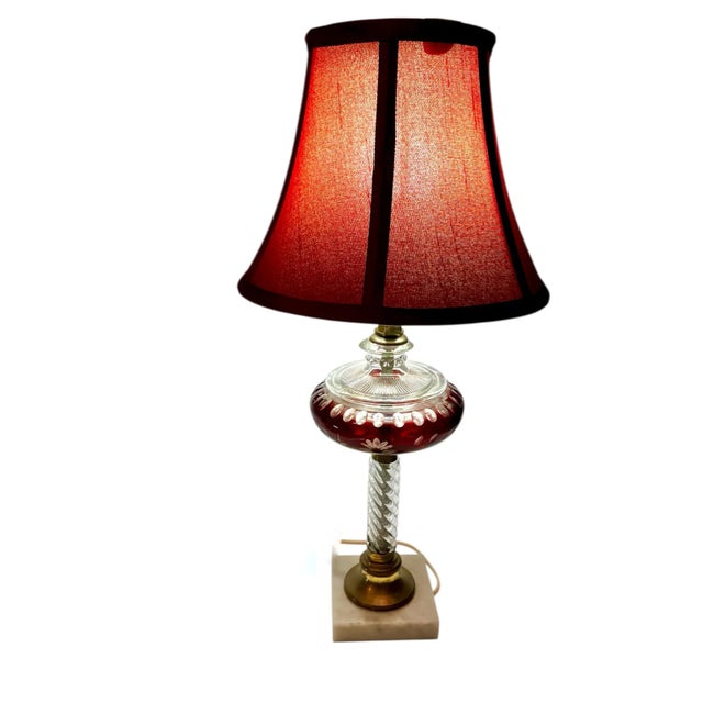 Victorian Victorian Era Etched Cranberry Glass Boudoir Table Lamps Pair For Sale - Image 3 of 12