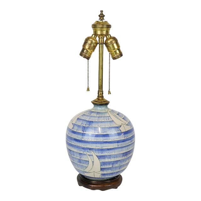 Blue and White Mid Century Studio Pottery Table Lamp With Sailing Motif and Dual Pull Chain Lights For Sale