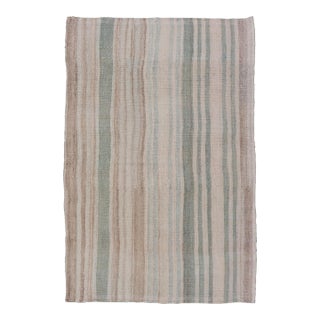 Vintage Turkish Kilim With Soft Vertical Stripes in Sage, Ivory, and Faded Tan For Sale