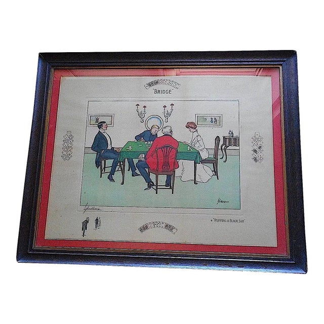 Wood Antique 19th C. Framed Elephant Folio Size Pencil Signed Card Game Lithograph - "Bridge" For Sale - Image 7 of 7