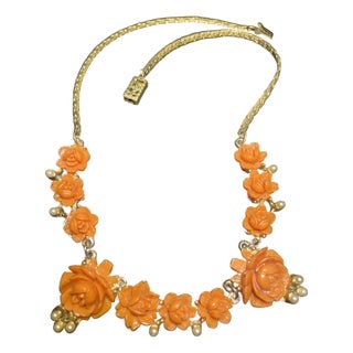 MCM Jewelry Floral Faux Coral and Pearls on Textured Brass Chevron Chain and Orange Push Clasp For Sale