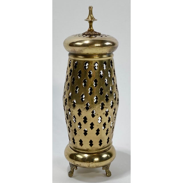 Vintage Moroccan style table top brass lantern or incense burner. Body and lid both have a lace style perforation pattern...